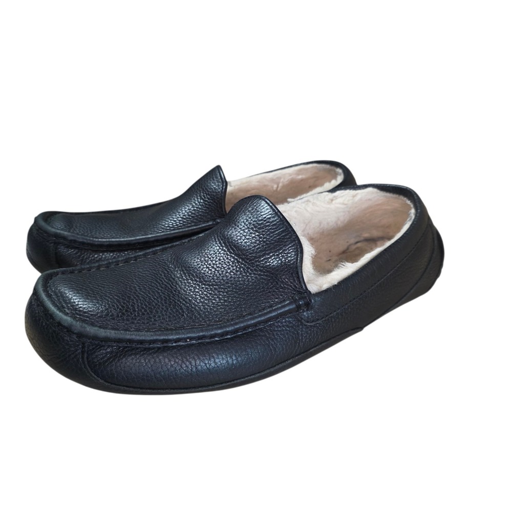 UGG Ascot Mens 12 Black Leather Shearling Lined Moccasin Slippers 5379E - Picture 4 of 16